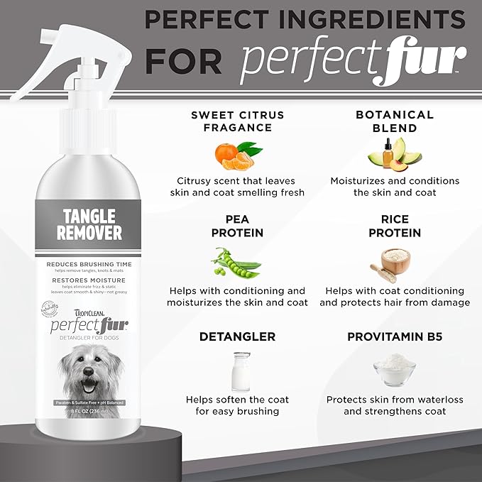 TropiClean Perfect FurDetangler Spray for Dogs - Made in USA - Detangling & Dematting Formula - Removes Mats & Knots for Gentle, Easy Brushing - Naturally Derived, 8oz