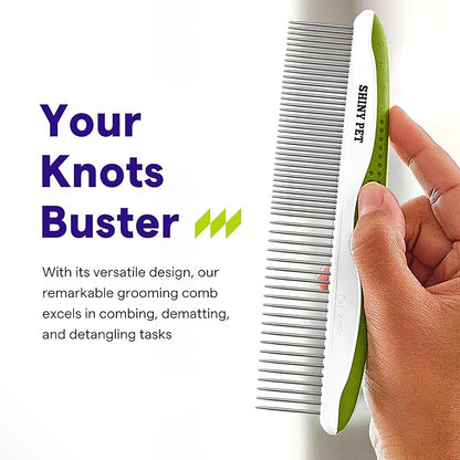 Dog & Cat Comb – Removes Tangles, Knots, and Matted Fur – Grooming Tool with Stainless Steel Teeth and Non-Slip Handle – Best Pet Hair Comb for Home Grooming Kit – Includes eBook Guide