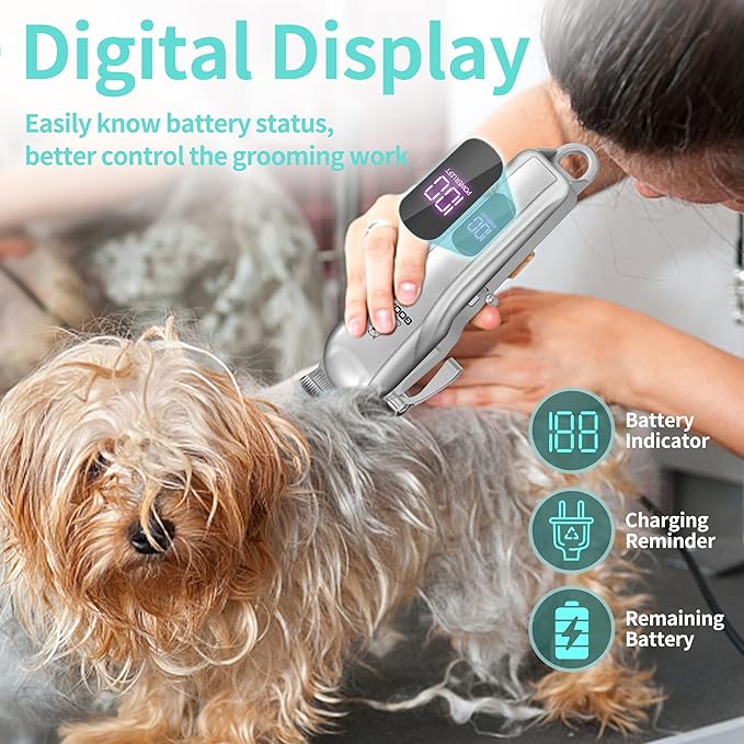 Dog Clippers for Grooming for Heavy Thick Hair&Coats, Dog Hair Trimmer,Low Noise Rechargeable Cordless Dog Grooming Kit Pet Shaver for Small Large Dogs Pets (Sliver)