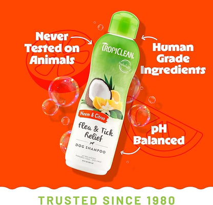 TropiClean Citrus Flea & Tick Shampoo for Dogs, Soothing Bite Relief, Fresh Citrus Scent, Made in the USA, 20oz.