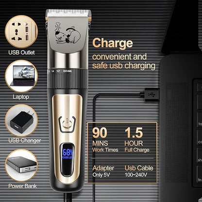 Dog Grooming Clipper Kit, Cordless Low Noise Rechargeable Electric Trimmer With Adjustable Comb & Detachable Blades, Suitable for Dogs, Cats, Pets