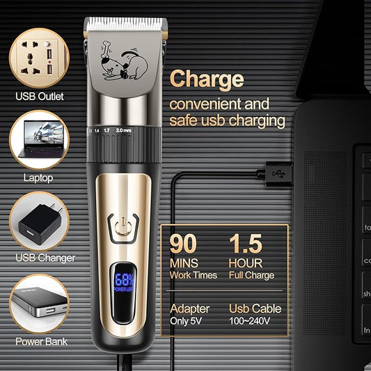 Dog Grooming Clipper Kit, Cordless Low Noise Rechargeable Electric Trimmer With Adjustable Comb & Detachable Blades, Suitable for Dogs, Cats, Pets