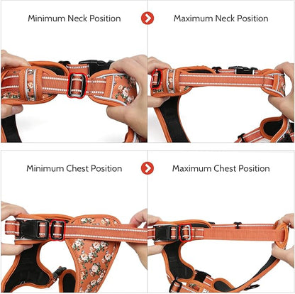Timos Dog Harness for Large Dogs, No Pull Service Vest with Reflective Strips and Control Handle,No Choke Dog Harness with 2 Metal Rings for Easy Walking,Outdoor Training,Flower Orange, XL