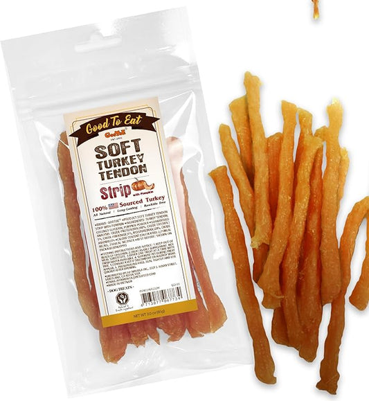 Gootoe Soft Turkey Tendon Stirip with Pumpkin 3oz, Chewy Snack, USA-Sourced Turkey Tendon, Premium Training Chews, Hypoallergenic, Reseal Value Bags, Ideal for Small & Senior Dogs