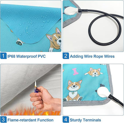 Cat Heating Pad 18x18 in Pet Heating Pad for Cats Waterproof Smart Thermostat Switch, Adjustable Heated Cat Bed, Adding Wire Rope Wires Cat Warming Pad-Blue