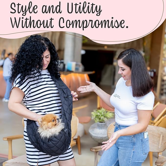 Dog and Cat Sling Carrier for Small Medium Puppy & Kitten Carrying, Wearable Crossbody Purse Bag with Adjustable Size and Shoulder Strap, Safety Clip, Two Zip Pockets (Black)