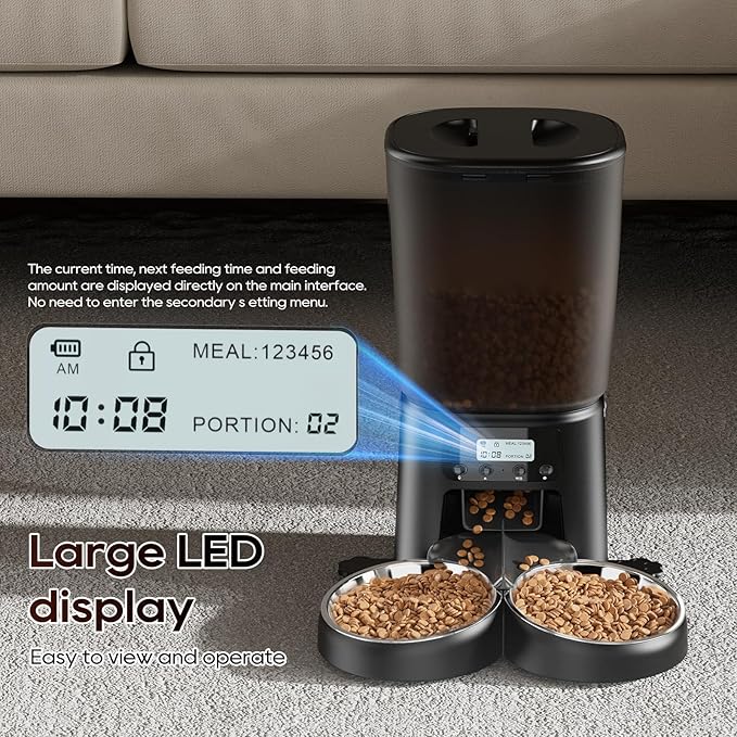 Automatic Cat Feeder for 2 Cats, 6L Timed Cat Dry Food Dispenser Dog Feeder up to 6 Meals & 30 Portions per Day,10S Voice Record,Flexible Schedule Timer Pet Feeder for Small Dogs, Black