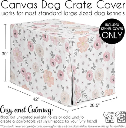 Sweet Jojo Designs Blush Pink Grey Boho Floral Dog Crate Cover – Kennel Covers for 42 Inch Pet Cage Medium/Large - Bohemian Farmhouse Shabby Chic Rose Lily Watercolor Flower Elegant Gray and White