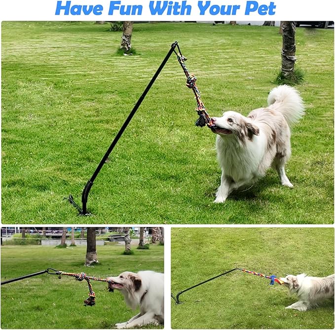 Outdoor Dog Toy,Interactive Exercise Game in Yard Park Tug of War Tether for Large Medium Small Dog with 2 Rope Toy and Bell Pull Chase and Solo Play