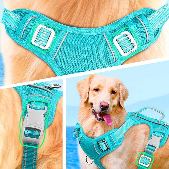 BARKBAY No Pull Dog Harness Large Reflective Dog Harness with Front Clip and Easy Control Handle for Walking Training Running with ID tag Pocket(Ocean Blue,S)