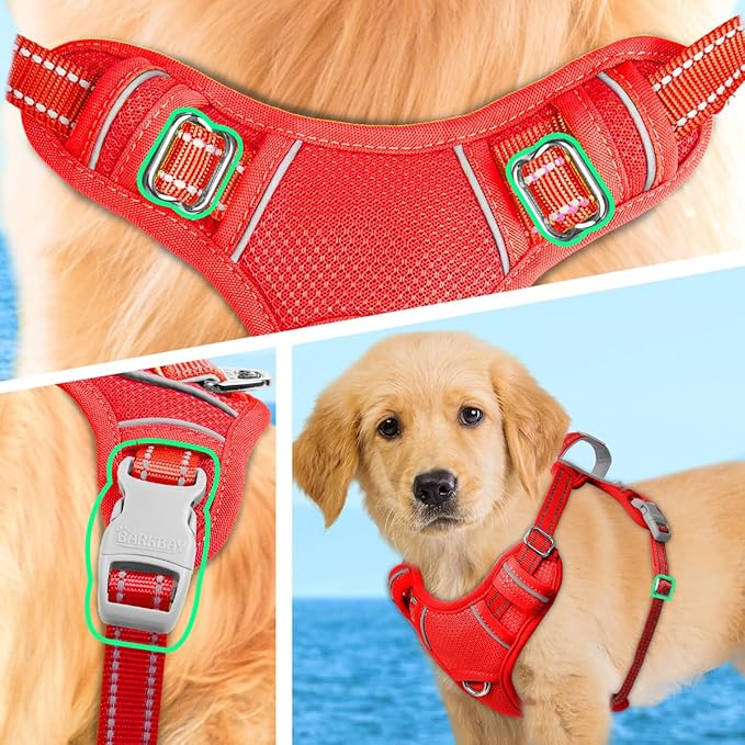 BARKBAY No Pull Dog Harness Large Reflective Dog Harness with Front Clip and Easy Control Handle for Walking Training Running with ID tag Pocket(Red,XS)