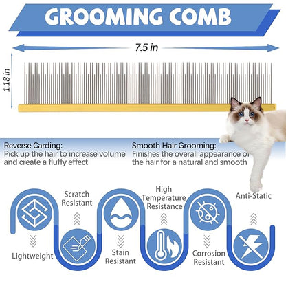 8.5 Inch Dual Tooth Pet Comb for Mats and Tangles，Professional Grooming Flea Comb Removing Excess Hair for Long-Haired Cats and Dog Kit,Prevent Undercoat, Excess Hair,Mats and Tangles,Pet Essential