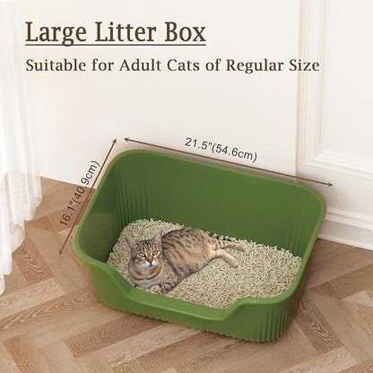 Large Litter Box with High Sides 21.5 * 16.1 * 10.4 inches Big Litter Boxes for Large Cats Easy Clean Open Cat Litter Box, Anti-Splashing&Leak-Proof, Green