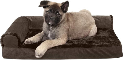 Furhaven Memory Foam Dog Bed for Medium/Small Dogs w/ Removable Bolsters & Washable Cover, For Dogs Up to 35 lbs - Plush & Velvet L Shaped Chaise - Sable Brown, Medium
