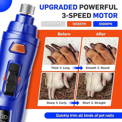 Dog Nail Grinder Super Quiet Dog Nail Trimmers 3 Grinding Wheels 3 Speed Rechargeable Pet Nail Grinder LED Display Dog Nail Clippers Kit for Large Medium Small Dogs Cats Dog Nail File Toenail Clippers