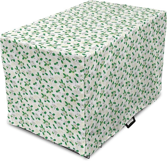 Lunarable Jasmine Dog Crate Cover, Gardenia Simplistic Romantic Flowers Continuous Pattern, Easy to Use Pet Kennel Cover for Cats & Medium Dogs, 24 Inch, Fern Green Pastel Yellow