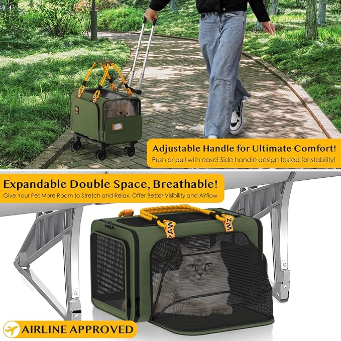 PAWZIDEA Expandable Pet Carrier with Wheels, 18X11X11 TSA Airline Approved Cat Carrier w/ID Card for 2 Cats, Small Dog Carrier Car Seat Travel Bag, Shoulder Strap as Dog Leash
