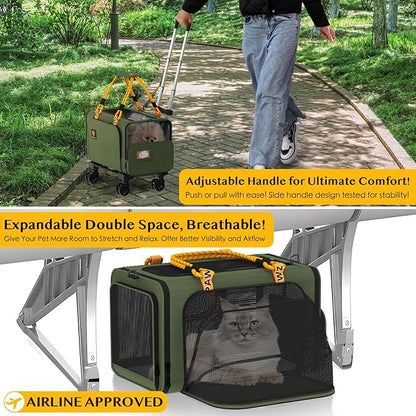 PAWZIDEA Expandable Pet Carrier with Wheels, 18X11X11 TSA Airline Approved Cat Carrier w/ID Card for 2 Cats, Small Dog Carrier Car Seat Travel Bag, Shoulder Strap as Dog Leash