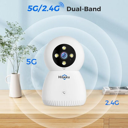 Hiseeu Indoor Security Camera, 2.4G/5G 5MP Baby Monitor Pet Camera for Home Security, PTZ 360°, Auto Tracking, 2 Way Audio, Night Vision, Humanoid Detection, No Monthly Fee, 2PCS