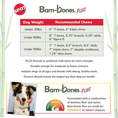 SPOT Bam-bones PLUS Branch -Bamboo Fiber & Nylon, Durable Long Lasting Dog Chew for Aggressive Chewers – Great Toy for Adult Dogs & Teething Puppies under 90lbs, Non-Splintering, 9.5in, Beef Flavor