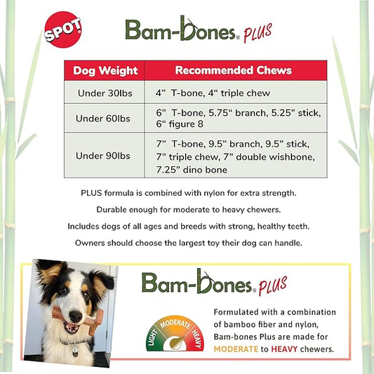 SPOT Bam-bones PLUS Branch -Bamboo Fiber & Nylon, Durable Long Lasting Dog Chew for Aggressive Chewers – Great Toy for Adult Dogs & Teething Puppies under 90lbs, Non-Splintering, 9.5in, Beef Flavor