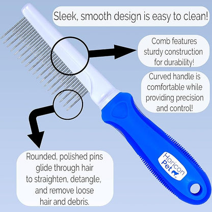 Detangling Dog Comb with Long & Short Stainless Steel Metal Teeth - Dogs, Cats & Small Animals for Removing Matted Fur, Knots & Tangles