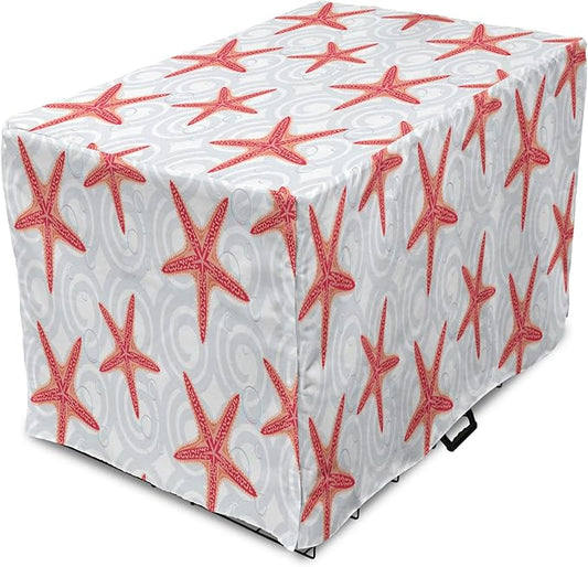 Lunarable Starfish Dog Crate Cover, Tropical Ocean with Sea Bubbles on Wavy Spiral Backdrop, Easy to Use Pet Kennel Cover for Cats & Medium Dogs, 24 Inch, Dark Coral Salmon