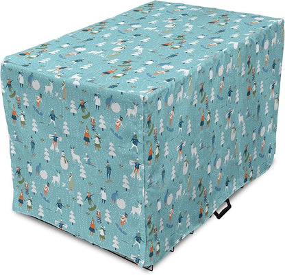 Lunarable Christmas Dog Crate Cover, Winter Games Theme Pattern with Snowman Trees Snowboard Reindeer and Adults, Easy to Use Pet Kennel Cover for Cats & Medium Dogs, 24 Inch, Multicolor