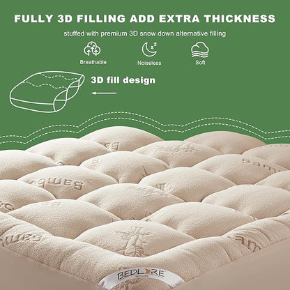 BEDLORE King Mattress Topper Viscose Derived from Bamboo, Thick Pillow Top Mattress Pad with Stretchable Pockets for 6"-18" Mattress, Soft Breathable Mattress Topper for Back Pain Relief(Beige)