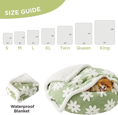 Lesure Waterproof Dog Blanket for Large Dogs - Washable Double Sided Dog Blankets with Warm Jacquard Shag and Soft Sherpa Fleece, Pet Cat Blanket for Queen Bed Protection, 3D Textured Flower, Green