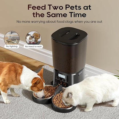 Automatic Cat Feeder for 2 Cats, 6L Timed Cat Dry Food Dispenser Dog Feeder up to 6 Meals & 30 Portions per Day,10S Voice Record,Flexible Schedule Timer Pet Feeder for Small Dogs, Black