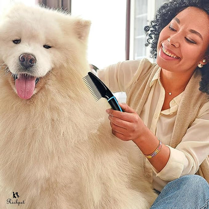 Detangling Pet Comb for Dogs & Cats - Soft On Skin with Stainless Steel Teeth for Removing Matted Fur, Knots & Tangles – Dog Grooming Comb for Long, Short & Curly Hairs
