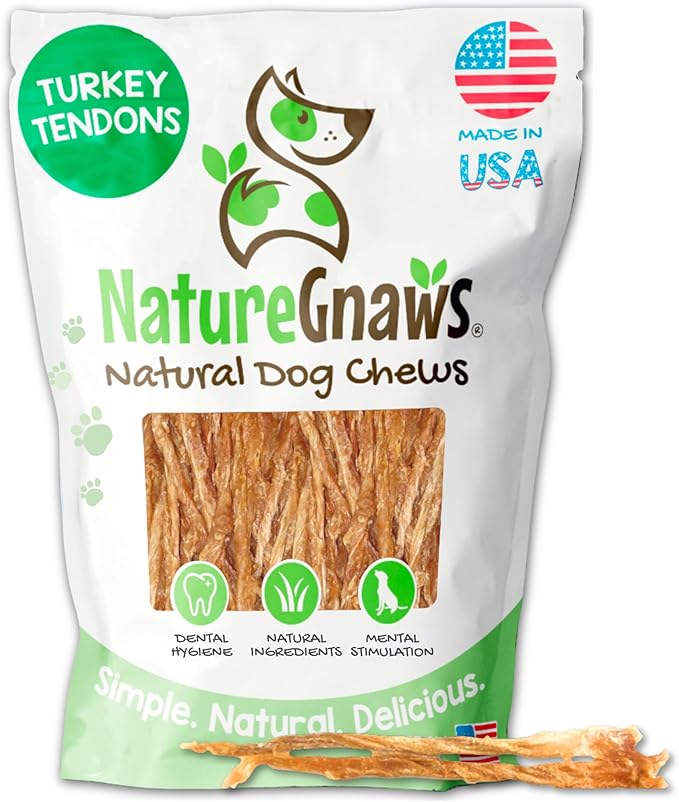 Nature Gnaws USA Turkey Tendons for Dogs (1Lb) - Delicious Grain Free Reward Snack for Small, Medium & Large Breeds - Premium Natural Dog Chew Treats