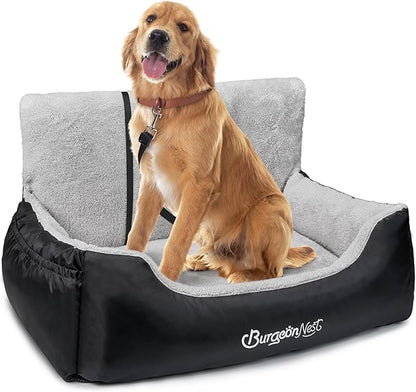 BurgeonNest Dog Car Seat for Small Dogs, Fully Detachable and Washable Dog Carseats Small Under 25, Soft Dog Booster Seats with Storage Pockets and Clip-On Leash Portable Dog Car Travel Carrier Bed