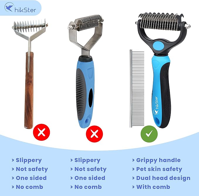 Dematting Comb for Dogs & Cats with Stainless Steel Rake Comb, Double Sided Pet Grooming Tools, Furever Brush, Cat Dematting Tool, Undercoat Rake for Small, Medium & Large Hairs Coat
