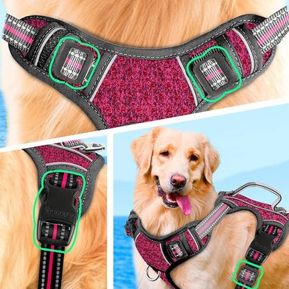 BARKBAY No Pull Dog Harness Large Reflective Dog Harness with Front Clip and Easy Control Handle for Walking Training Running with ID tag Pocket(Pink/Black,M)