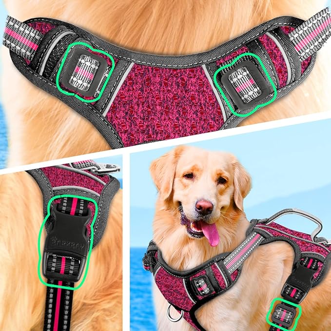 BARKBAY No Pull Dog Harness Large Reflective Dog Harness with Front Clip and Easy Control Handle for Walking Training Running with ID tag Pocket(Pink/Black,XL)