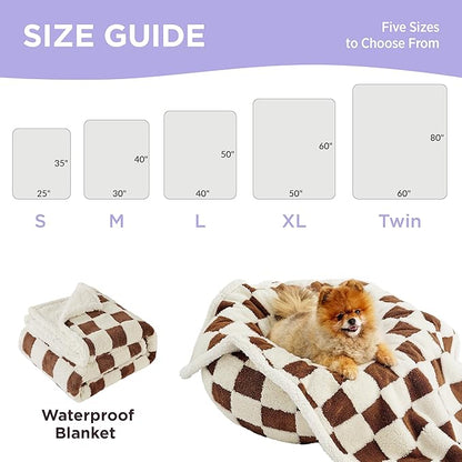 Lesure Waterproof Dog Blanket for Large Dogs - Washable Double Sided Dog Blankets with Warm Jacquard Shag and Soft Sherpa Fleece, Pet Cat Blanket for Couch Protection, 3D Textured Checks, Brown
