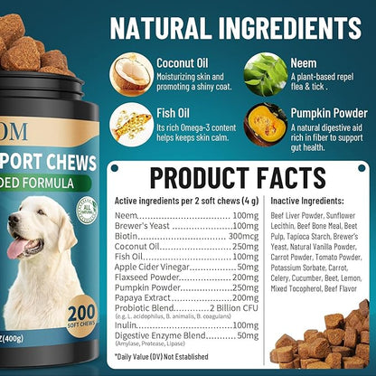 Flea and Tick Prevention for Dogs & Cats Chewable, 400 Treats (200 Dog + 200 Cat) – Natural Oral Flea Treatment for Dogs & Cats with Skin & Digestive Support, Beef & Salmon Flavor, All Breeds & Ages