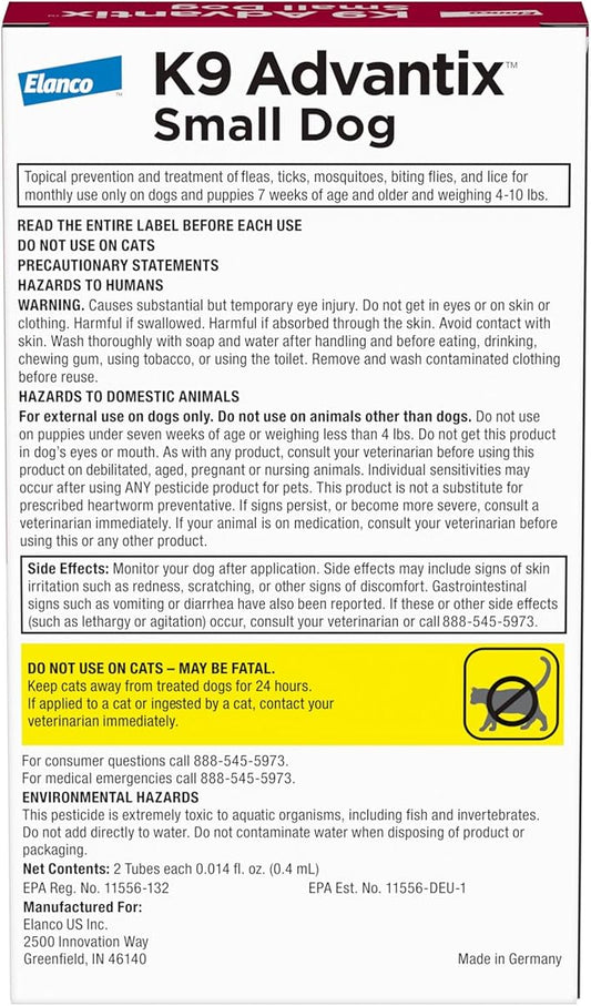 K9 Advantix Flea, Tick & Mosquito Prevention for Dogs 4-10 lbs. | Flea Drops for Small Dogs | Apply Monthly | 2 Treatments
