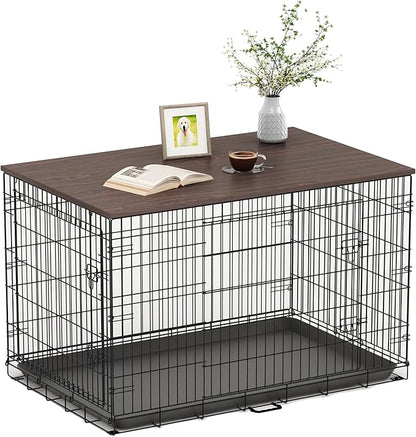Piskyet Dog Crate Topper Wood Countertop for 48 42 36 30 24 inch Dog Cage, Dog Crate Cover,Dog Kennel Topper, 42" Walnut(Crate Not Include)
