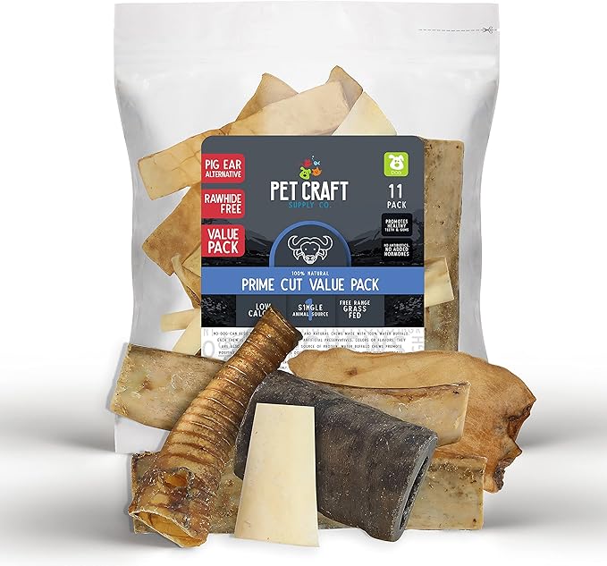 Pet Craft Supply Pure Natural Grass Fed Grain Free Water Buffalo Variety Pack of 11 Durable Tough Dog Chew for Aggressive Chewers and Puppies, Black