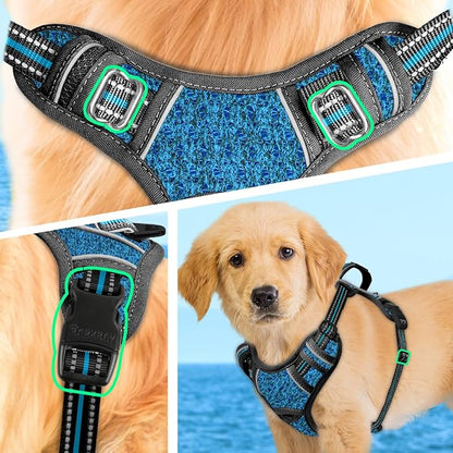 BARKBAY No Pull Dog Harness Large Reflective Dog Harness with Front Clip and Easy Control Handle for Walking Training Running with ID tag Pocket(Blue/Black,XS)