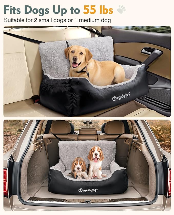 BurgeonNest Dog Car Seat for Small Dogs, Fully Detachable and Washable Dog Carseats Small Under 25, Soft Dog Booster Seats with Storage Pockets and Clip-On Leash Portable Dog Car Travel Carrier Bed