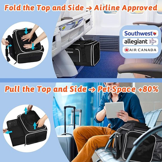 Petskd Top and Side Expandable Pet Carrier 18x13x9.5 Inches Southwest Allegiant Airline Approved, Soft-Sided Carrier for Small Cats and Dogs with Locking Safety Zippers and Anti-Scratch Mesh(Black)