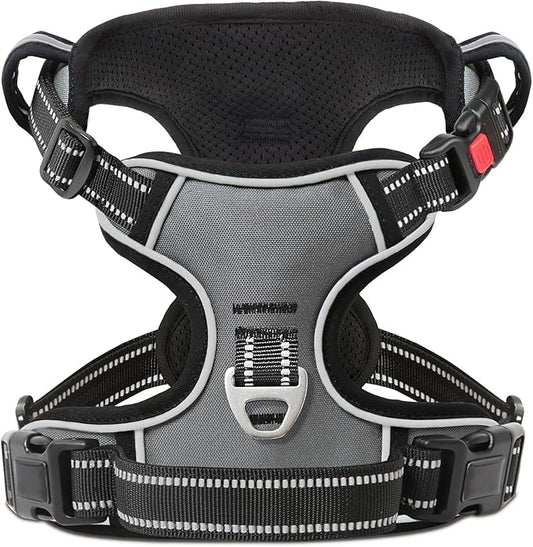 Timos Dog Harness Large Sized, No Pull with Neck Lockable Snap,No Choke Front Clip Dog Reflective Harness,Adjustable Metal Rings 3 Buckles,Easy Control Handle for Large Dogs Gray L