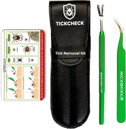 TickCheck Premium Tick Remover Kit - Stainless Steel Tick Remover + Tweezers, Leather Case, and Free Pocket Tick Identification Card (1)
