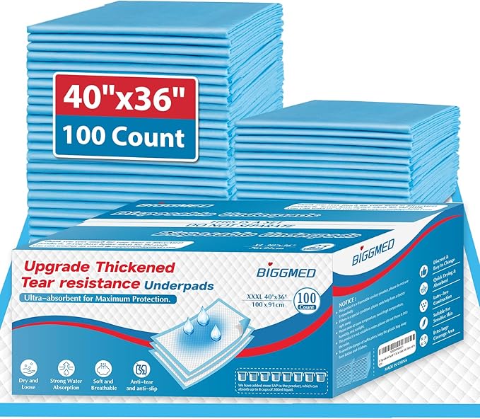 100 Count Incontinence Bed Pads 40'' x 36'' Tear-Resistant Disposable Underpads Heavy Duty Chucks Pads for Adults, Kids & Elderly | Protection Pads for Bed, Sofa, and Chair