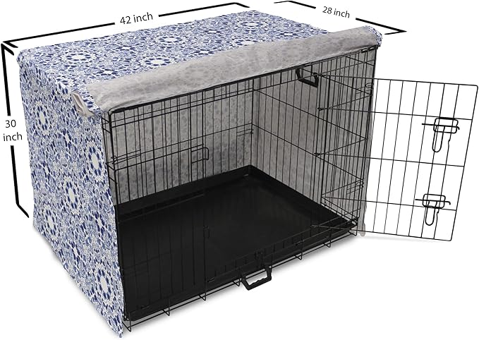 Lunarable Traditional Dog Crate Cover, Circular Flowers and Stripes Ethnic Gzhel Pattern Classic Motifs Art, Easy to Use Pet Kennel Cover for Medium Large Dogs, 42 Inch, Pale Blue