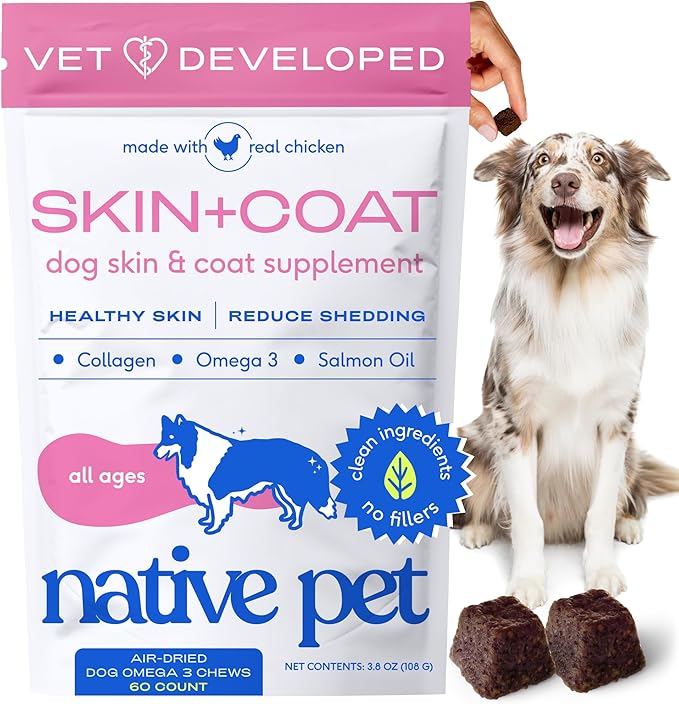 Native Pet Omega Skin and Coat Chews for Dogs - Dog Skin and Coat Supplement for Healthy, Shiny Fur, Reduce Shedding and Dry Spots - Made with Omega 3 Fish Oil and Wild-Caught Salmon Oil - 60 Chews